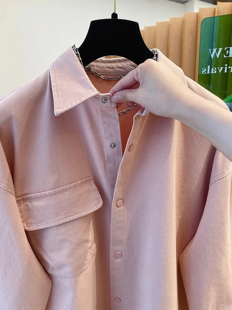 เสื้อคลุมยีนส์สีชมพูแบบเรียบง่ายสำหรับผู้หญิง ทรงหลวม ผ้าฝ้าย แขนยาว กันลม แฟชั่น ฤดูใบไม้ผลิ ฤดูใบไม้ร่วง สินค้ามาใหม่