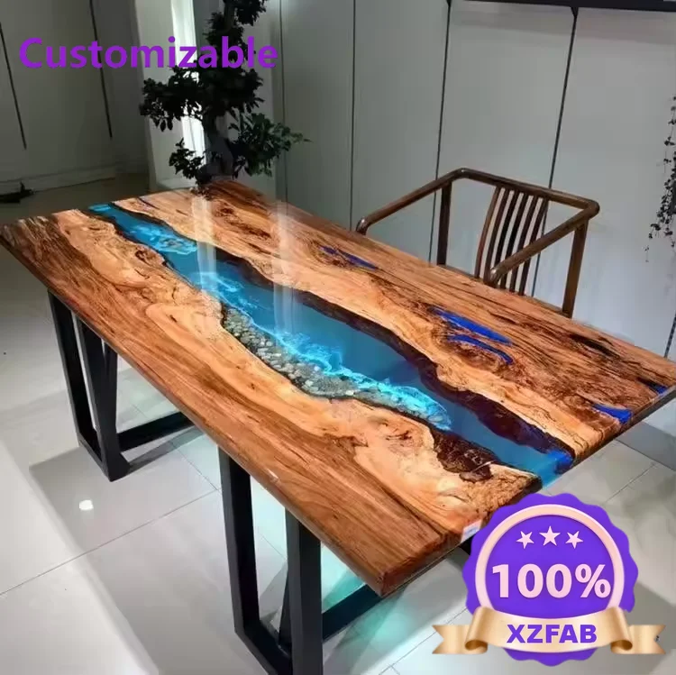 Factory Direct 2026 MORE DESIGN Luxury River Ocean Live Edge Epoxy Solid Walnut Wood Dining Resin Table