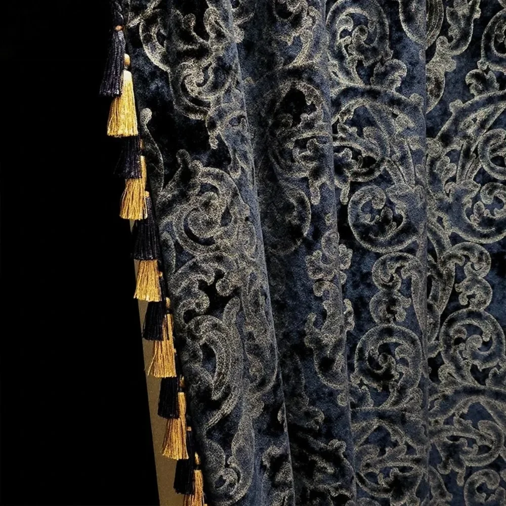 

Curtains for living room French luxury blue velvet cloth gold luxury curtains American high-end villa European custom size
