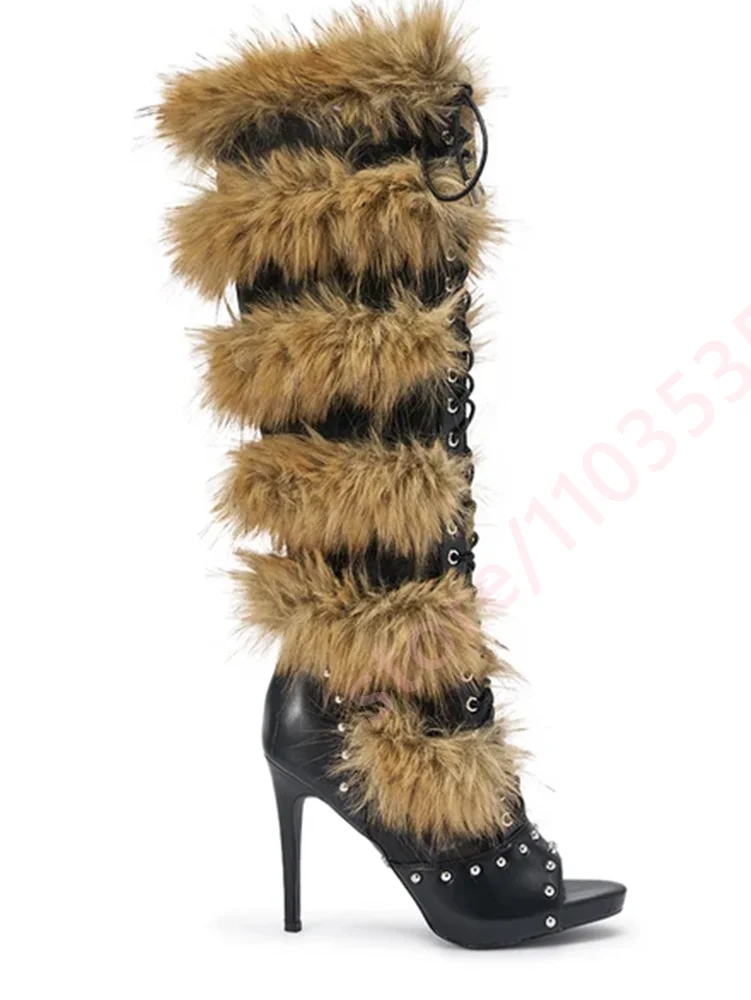 Women's Gothic Furry Thigh High Boots 2026 Punk Lace Up Studded Boots Open Toe Stiletto Fashion Party Streetwear Winter Boots