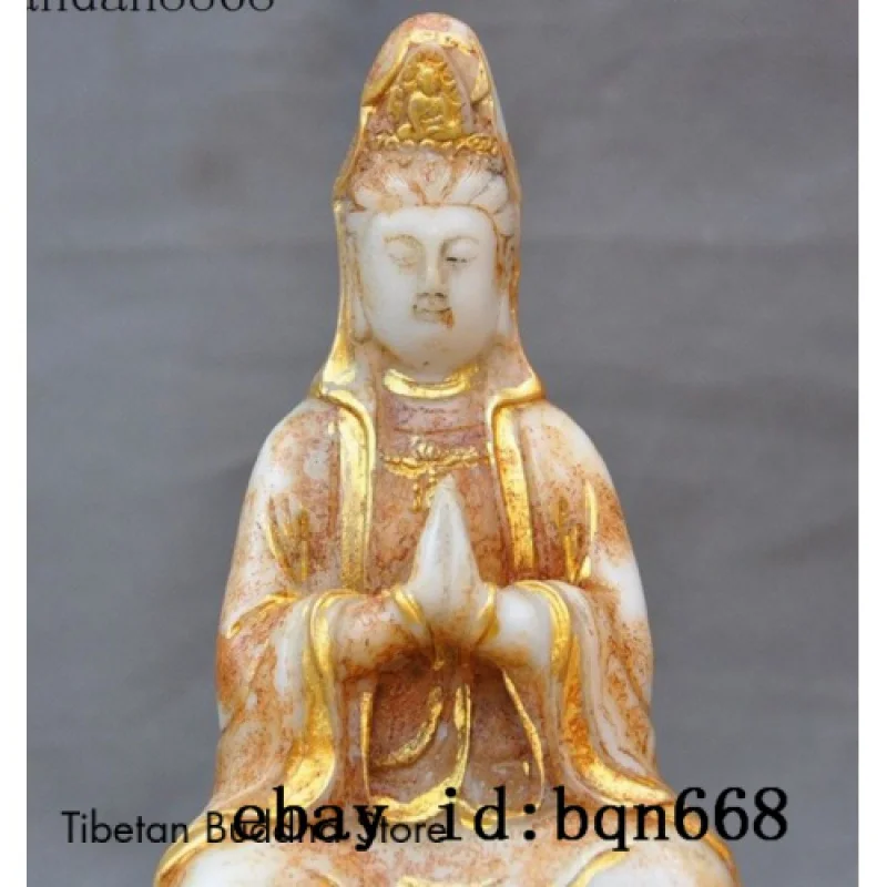 China Buddhism old jade Gilt Carved Kwan-Yin Guan Yin Bodhisattva Buddha statue