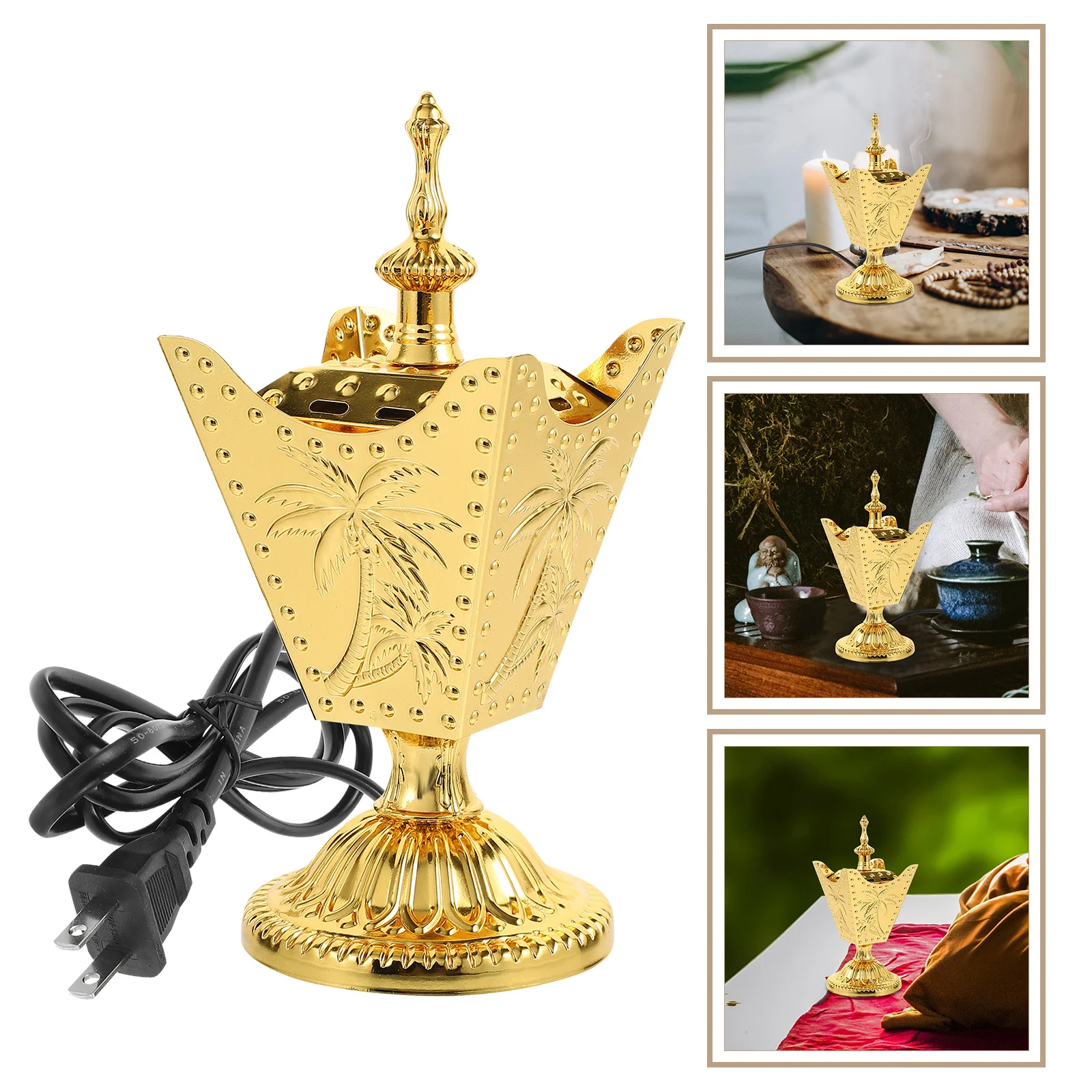 

Metal Incense Burner Electric Retro Censer For Home Office Decor Desktop Tabletop Centerpiece Art Craft Plug In Reusable