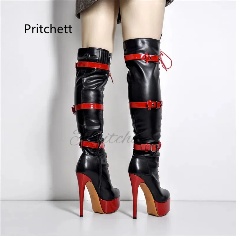 

Round Toe Lace Up Mixed Colors Knee High Boots for Women Belt Buckle Platform Leather Boots Stiletto High Heels Catwalk Shoes