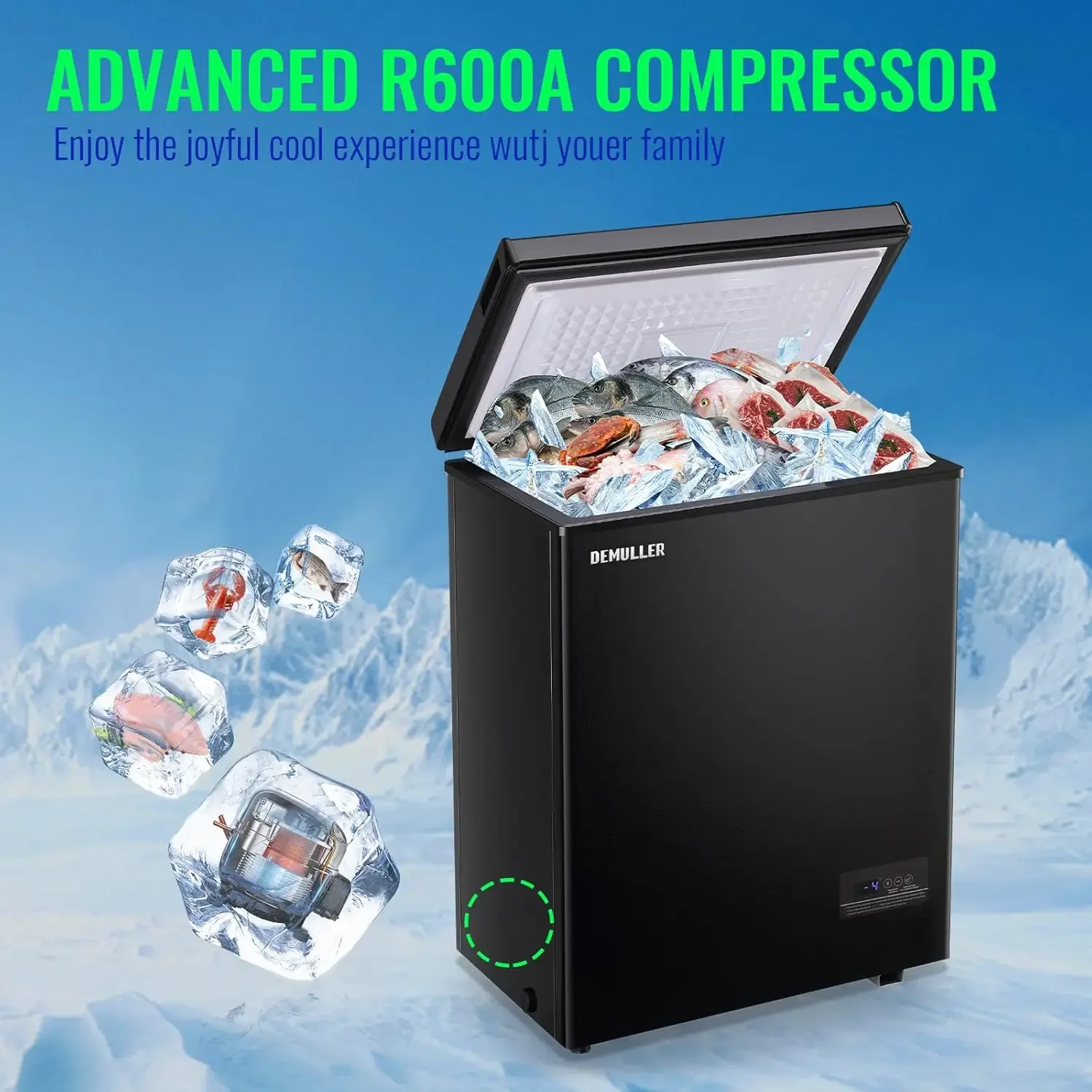 Нагрудная морозильная камера объемом 3,5 куб. фута с электронной панелью, точный дисплей температуры до 1 ℉ , Черная морозильная камера с двумя съемными корзинами