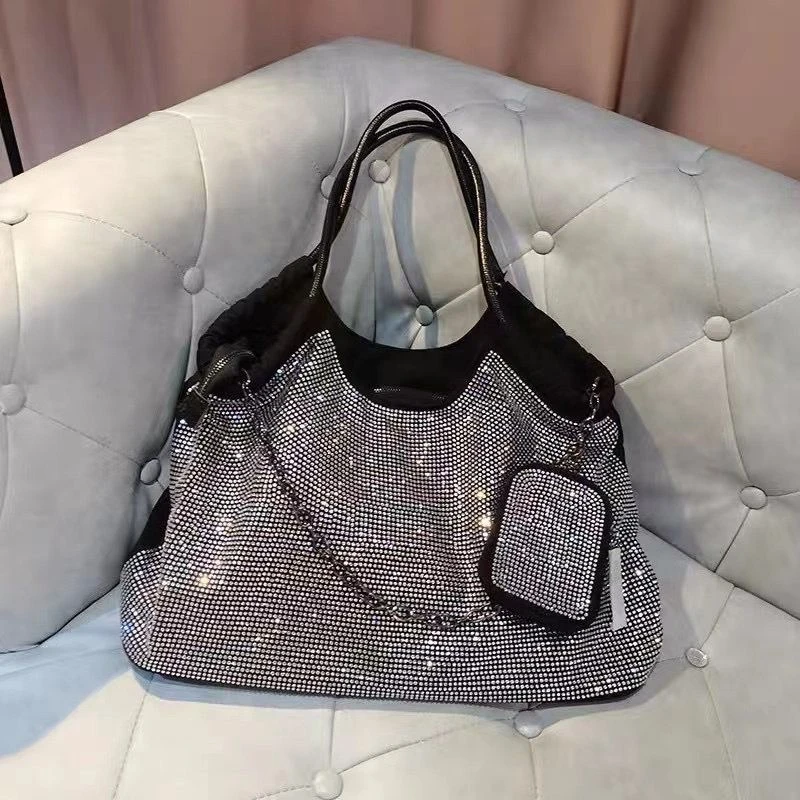 Bling Rhinestones Bucket Women Tote Bag With Diamonds Casual Large Purse And Handbag Crystal Stylish Crossbody Bags With Chain