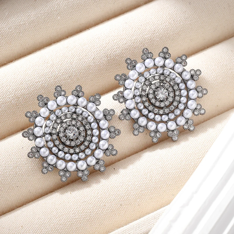 

SENYU Luxury Round Flower Large Stud Earrings Charm Pink Pearl Beads CZ Stone Fashion Women Jewelry Exquisite Bride Earrings