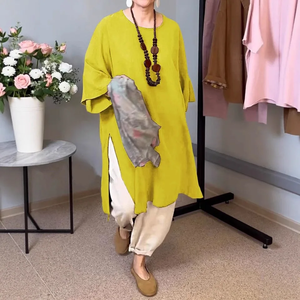 بلوزة نسائية صيفية أوروبية وأمريكية جديدة بلون سادة ورقبة دائرية وأكمام سبعة أرباع كتان غير رسمي طويل