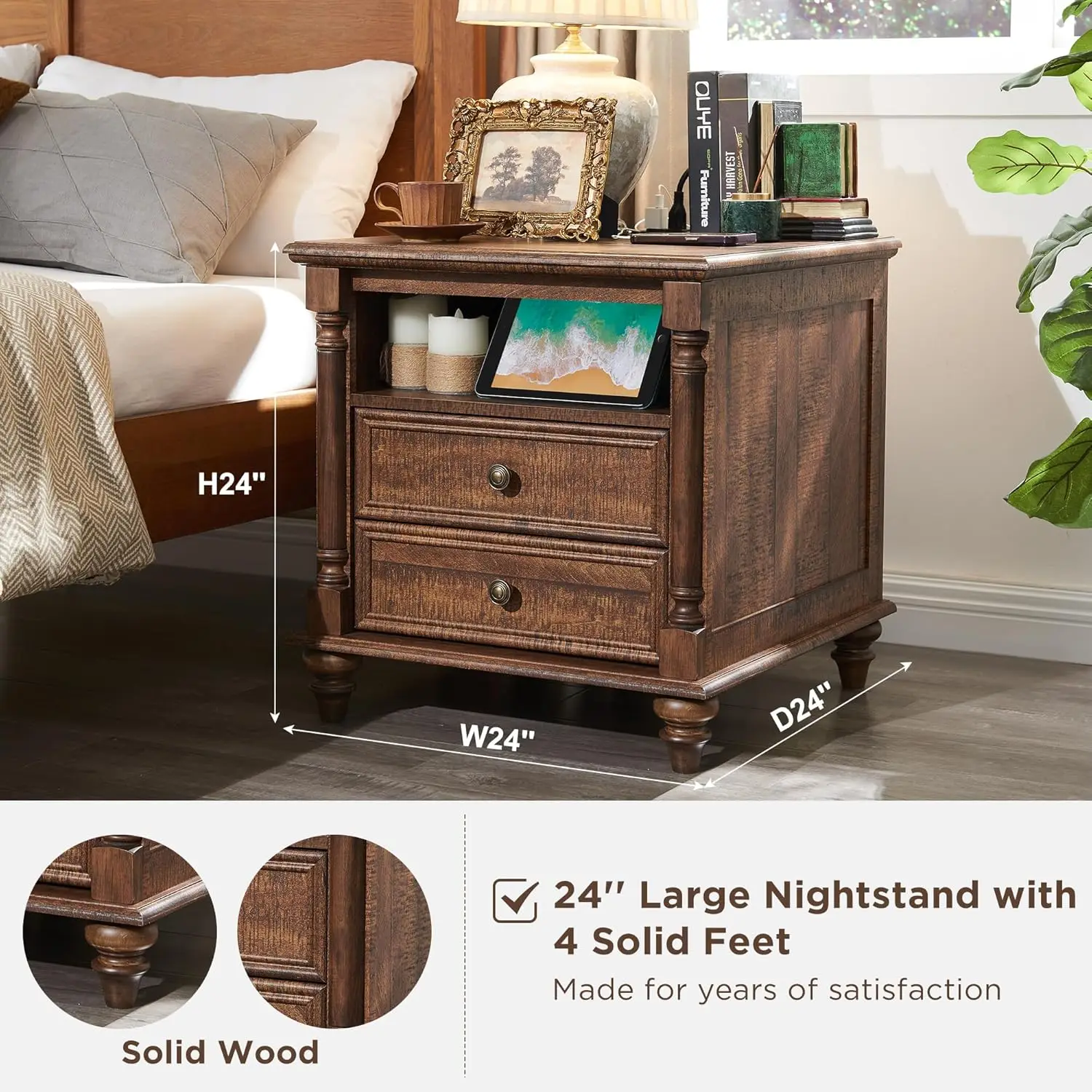 24'' Farmhouse End Table w/4 Solid Wood Feet, Large 2 Drawers Wide Sofa Side Table with Charging Station, Tall Rustic Wo