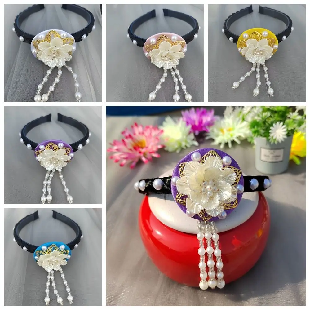 Gift Flower Korean Headband Tassel Pearl Hanbok Hairband Headdress Traditional Stage Dance Hair Hoop Hanfu Accessories