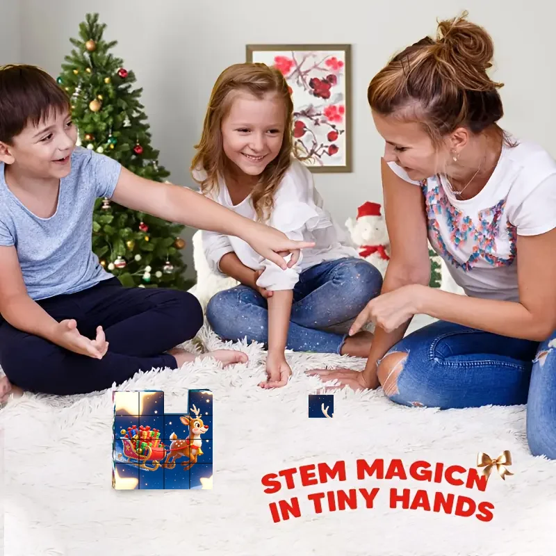 16pcs Magnetic Building Blocks Cube Puzzle Christmas Santa Claus Children Toy Create 6 Picture Education Sensory Gift for Kids