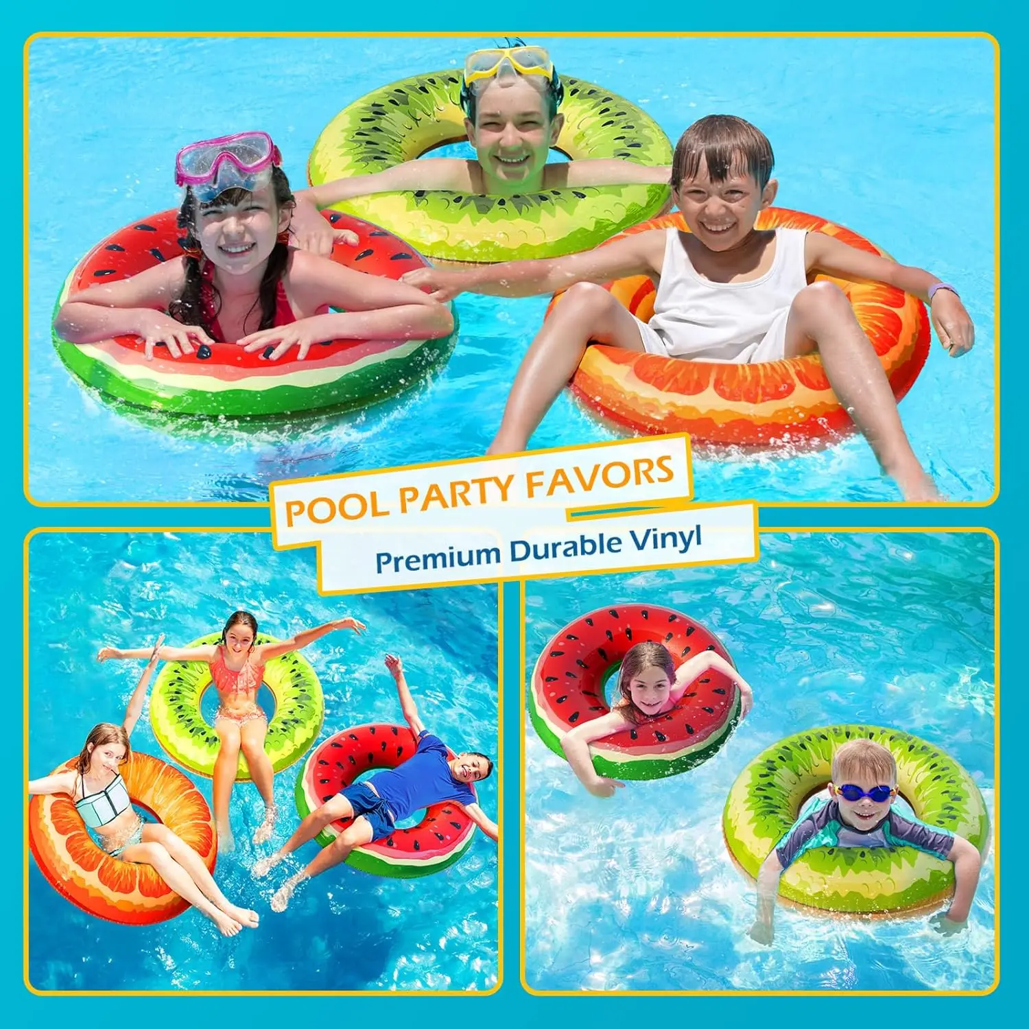 Kids Inflatable Pool Floats 2-Pack Fruit-Shaped Swim Rings for Pool, Beach, Lake – Watermelon & Kiwi