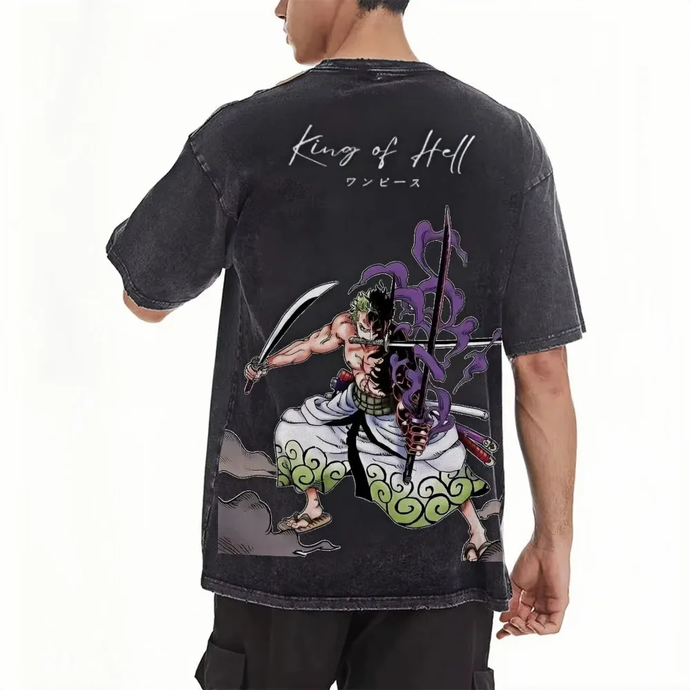 One Piece Zoro King of Hell Acid Washed Graphic T-Shirt Unisex Oversized Short Sleeve Premium Cotton Edgy Streetwear Tees