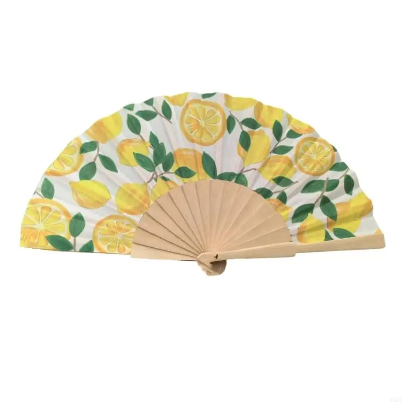 Lemon Cherries Pattern Hand Fan Fabric Folding Fan for Dance Parties and Home Wedding Decors Portable Multipurpose X3UC
