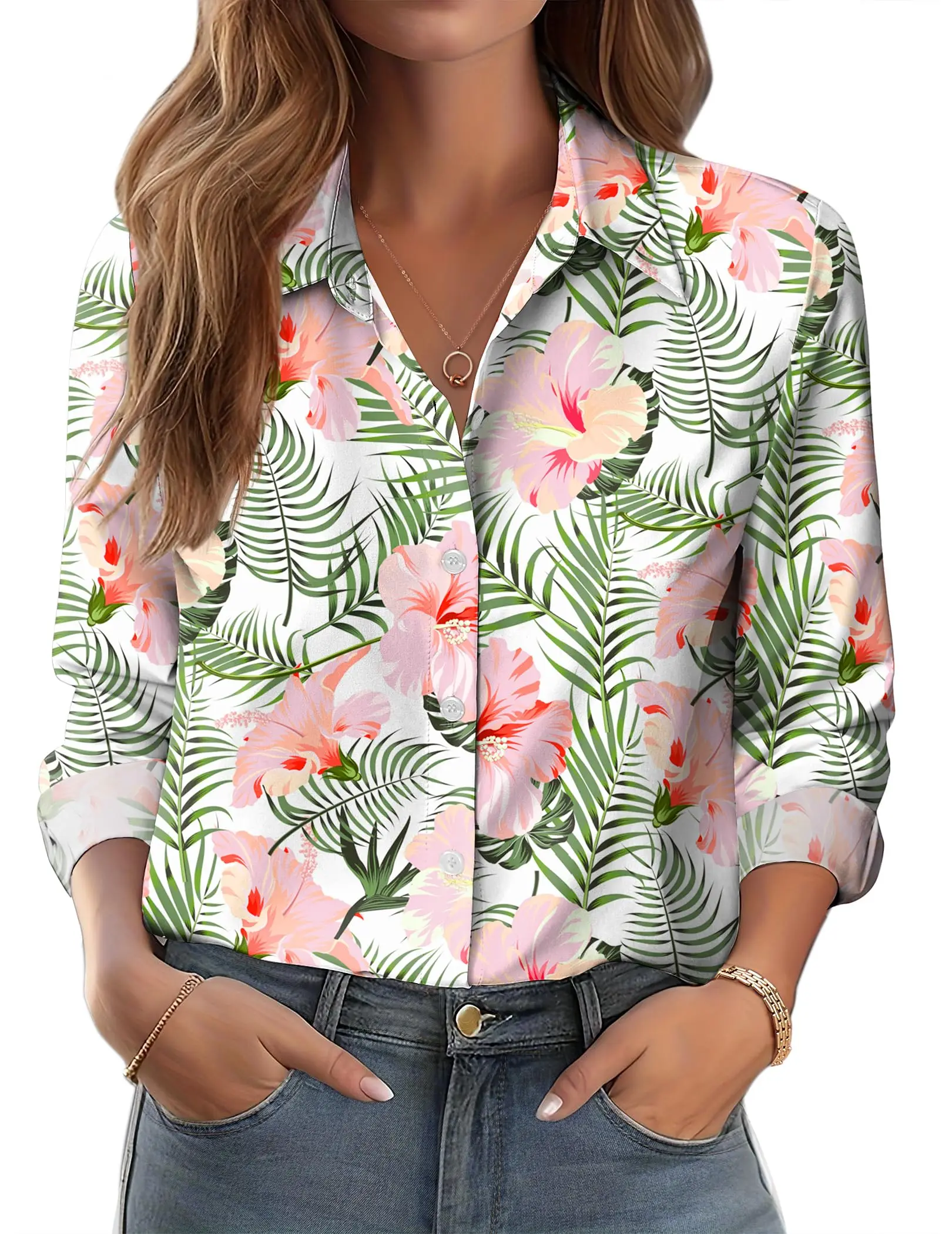 Ladies Elegant Floral Leaf Shirt Print Fashion Women Long Sleeve Shirt Simple Casual Work Tops