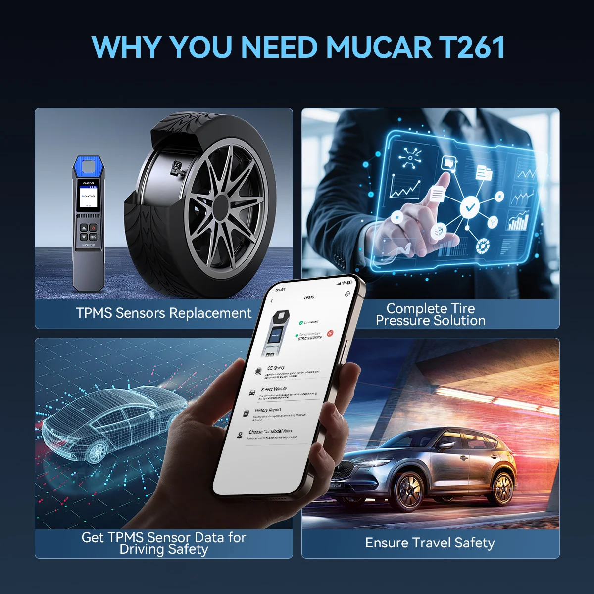 MUCAR T261 TPMS Car Tire Pressure Diagnosis Tool 315MHz/433MHz Reset TPMS Fault for THINKSCAN 689BT/MUCAR 892BT/ VO8/VO7/VO6