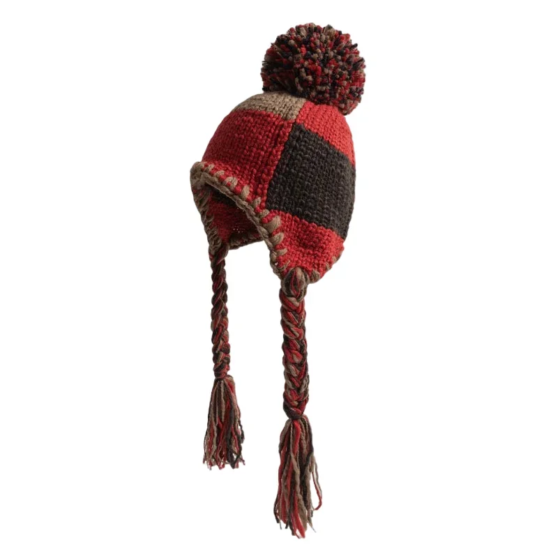 Vintage Handmade Tassel Braid Knitted Hat Women Winter Version Plaid Hairball Versatile Thermal Ear Protector Warm Bomber Hat