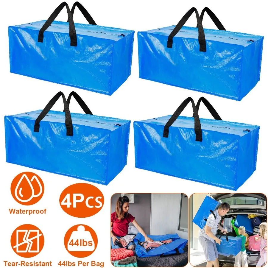 

4Pcs Moving Bags Heavy Duty Container Reusable Plastic Totes Blue Moving Bin Zippered Storage Bag