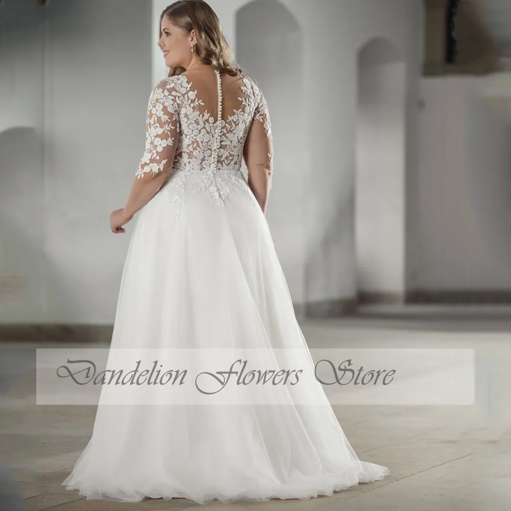 Robes de mariée classiques, grande taille, col en V, demi-manches, quelle que soit la mariée, appliques en dentelle de tulle, ligne A, robe de train de balayage, PSL980010