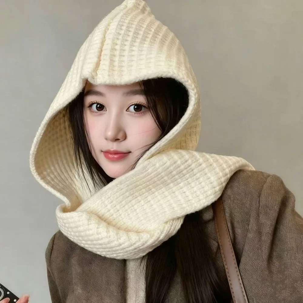 Acrylic Fibres Knitted Hooded Caps Soft Ear Protection Neck Collar Beanies Caps Keep Warm Embossing Winter Neckerchief Hat