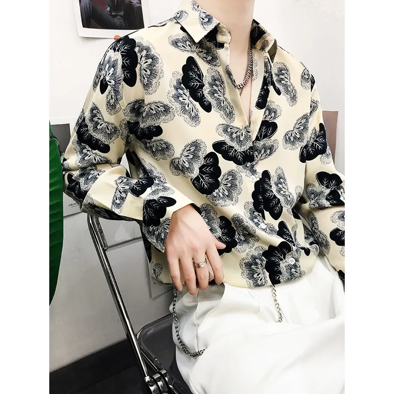 

Повседневная свободная мужская шифоновая одежда с принтом Long Sve, тонкий цветочный дизайн, без железа, корейский Sle, осенняя мода, молодежная...