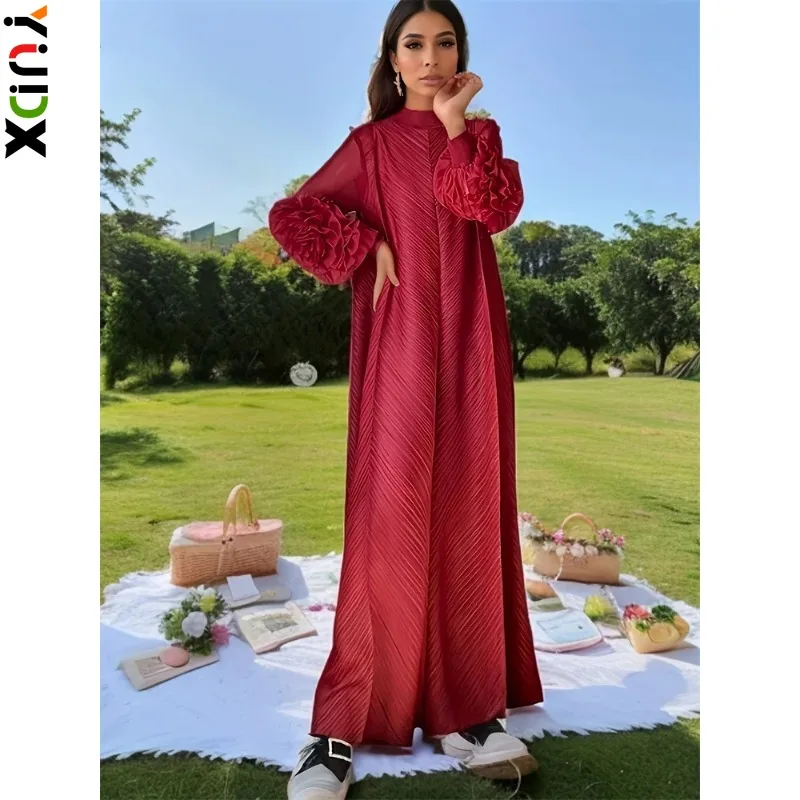 

YUDX Miyake Pleated Dress Women's Lace Sleeve Plate Flower Simple Loose Skinny Long Plus Size Dresses Robes Arab Gowns Women