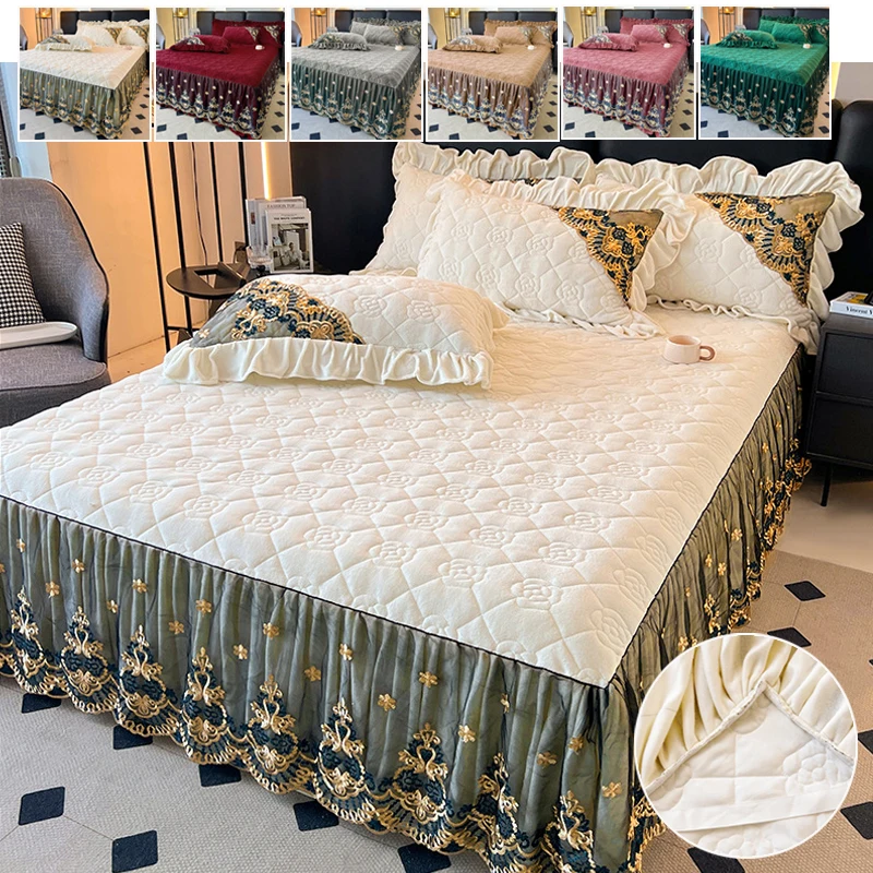 

Luxury Cotton Clip Milk Velvet Quilted Bedspread Set - Luxury Lace Embroidered Bed Skirt for King/Queen Size Winter Warm Bedding