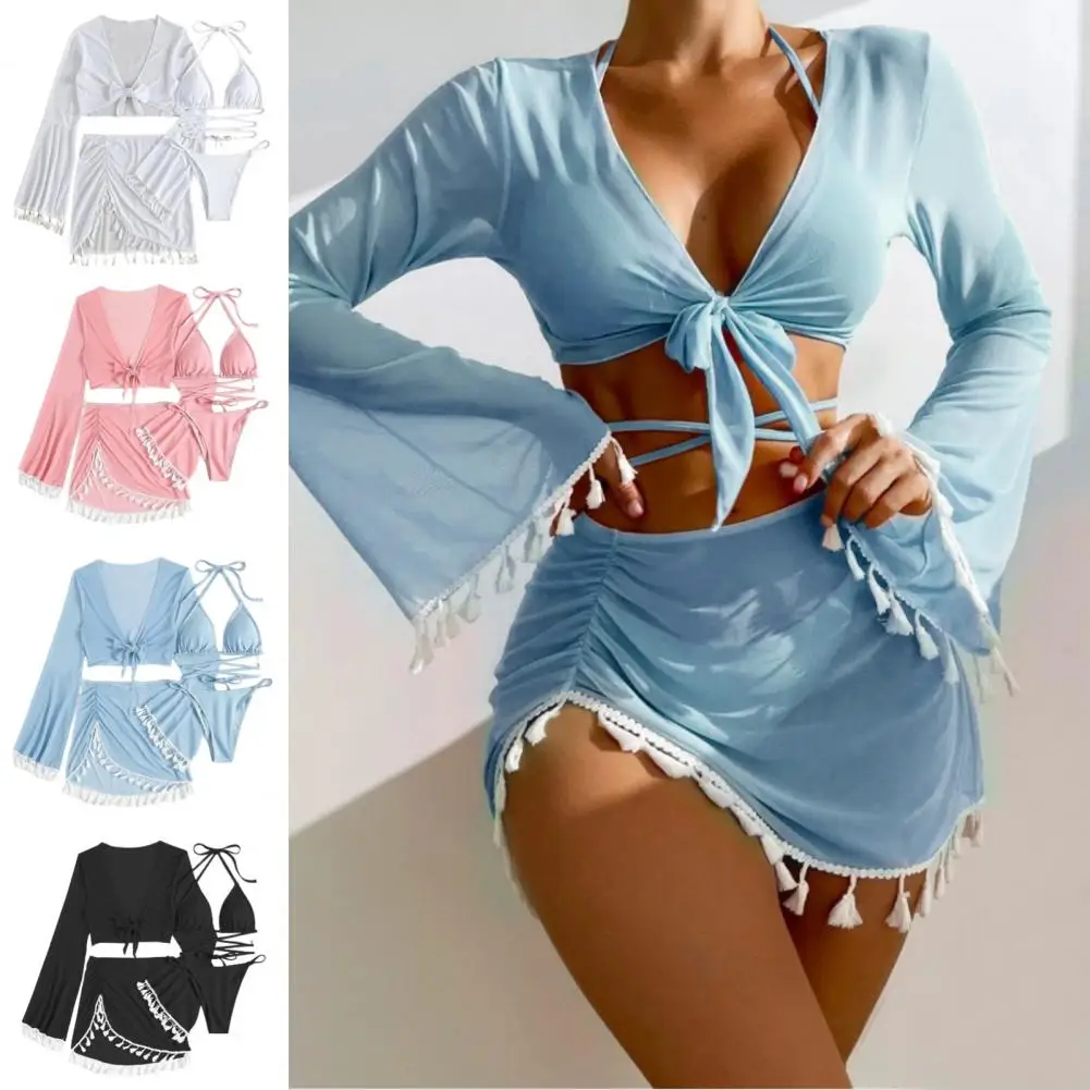 Swimming Suit Women Beach Wear Solid Beach Suit Tassel Cover Up Mesh Short Skirt Bikini Cute Swimming Pool Outfit Spring Summer