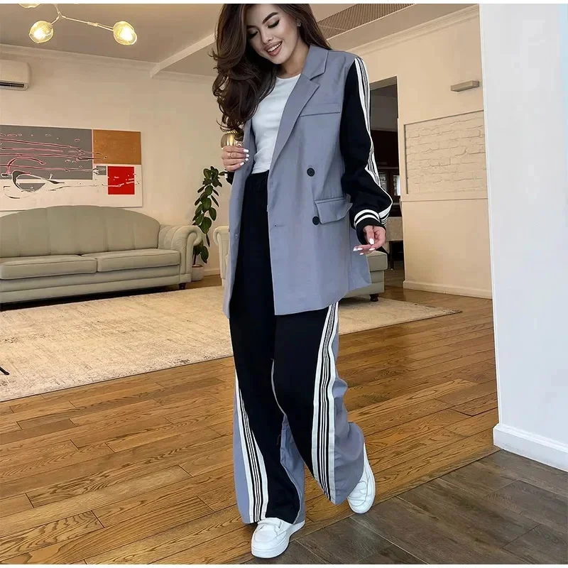 Casual Patchwork Blazer Pants Set Women Long Sleeve Double Breasted Coat Top Wide Leg Trousers 2024 Autumn Fashion Lady Outfits