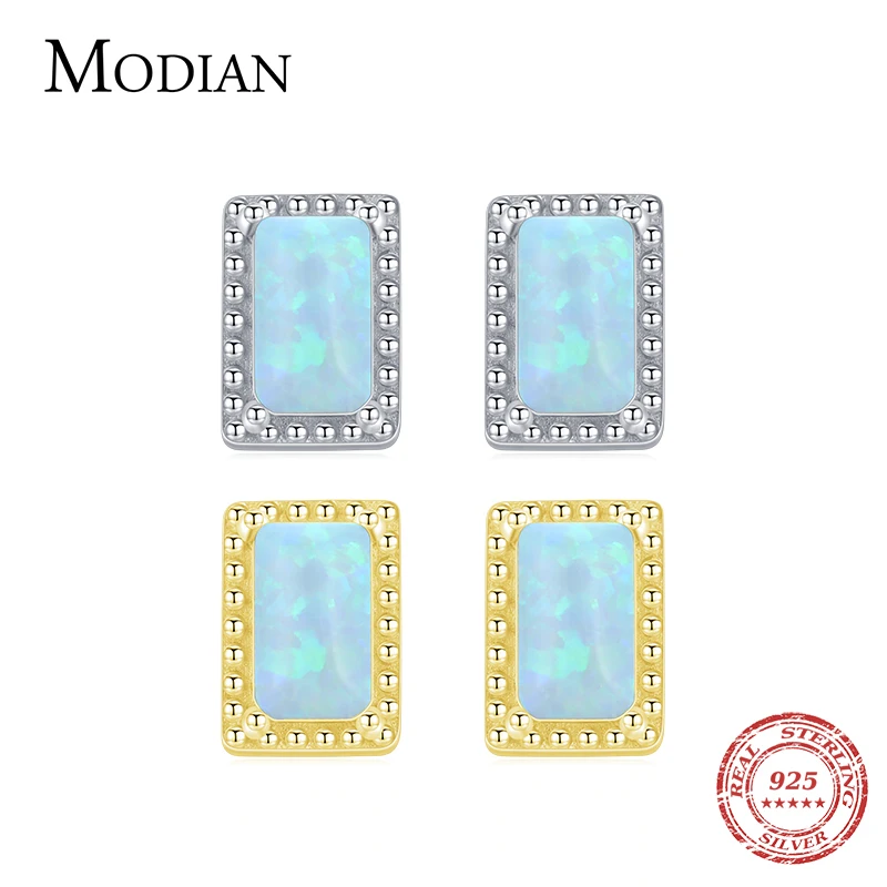 MODIAN Vintage Charm Female Opal Ear studs Real 925 Sterling Silver Rectangle Gemstone Stud Earrings For Women Fine Jewlry Gifts