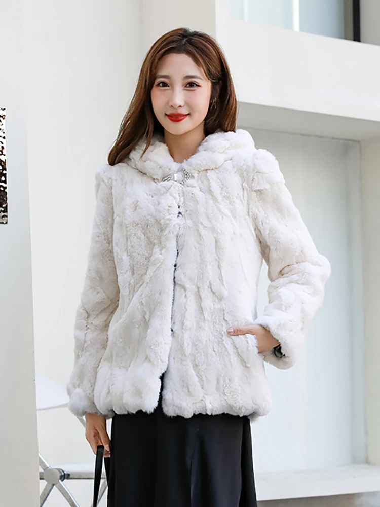 Winter Women\'s Real Fur Coat Loose Top Rabbit Fur Jacket Hood Women Clothing Fluffy Furry Natural Fur Jackets With Pockets Parka