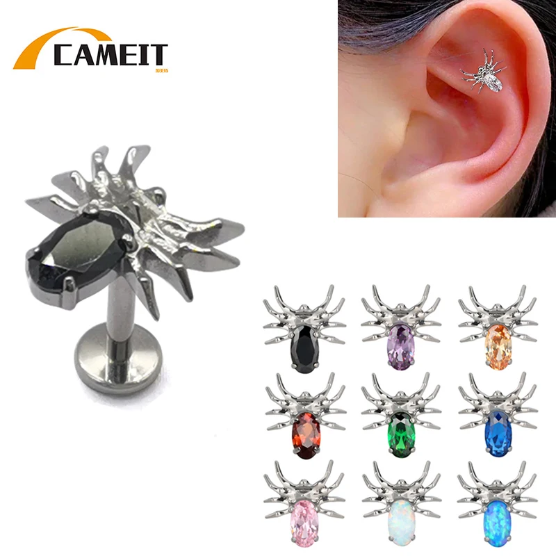 G23 Titanium Eight Legged Spider EAR Studs PIERC CZ Paved Top Threaded Labret Tragus Lip Earrings Personality Piercing Jewelry