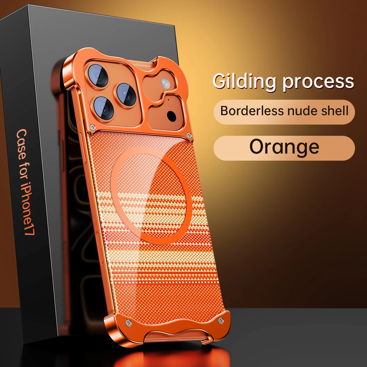 メタルアロイ製 不規則な角 フレームレスケース iPhone 17 Pro Max用 ボーダーレス 磁気 ワイヤレス 光沢のあるプラスチック製背面カバー