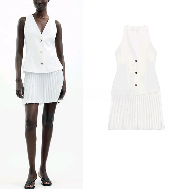 กระโปรงพลีททรงเอเข้ารูปเอวสูงผ้าโพลีเอสเตอร์สำหรับผู้หญิงฤดูร้อน ติดกระดุมเม็ดเดียว คอวี