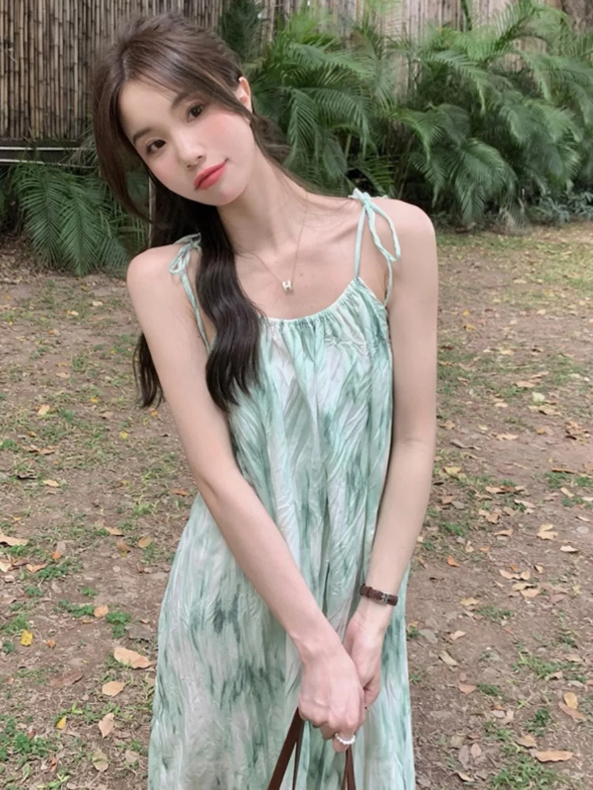 Chic Summer 2023 Women\'s Off-Shoulder Midi Dress Tea Break Vacation Loose Waist Print Korean Style V-Neck A-Line Gown