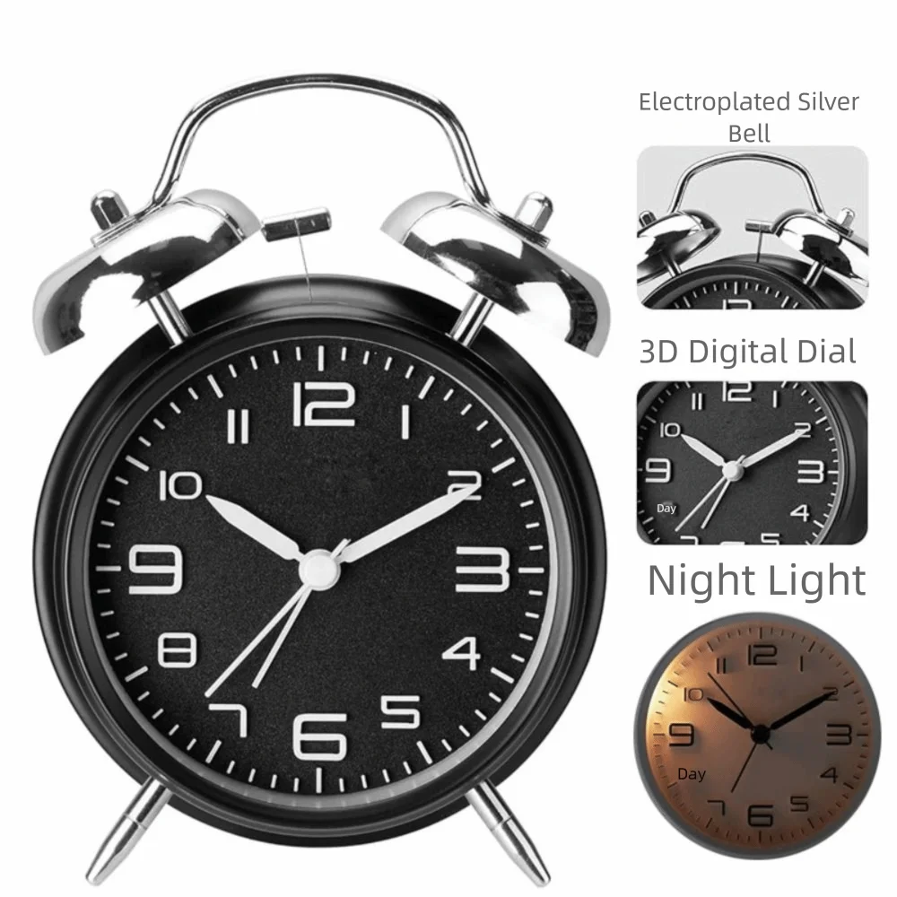 4 Inch Twin Bell Loud Alarm Clock Metal Frame Silent Luminous Student Alarm Clock Strong Wake-up Non-Ticking Table Clock Bedroom