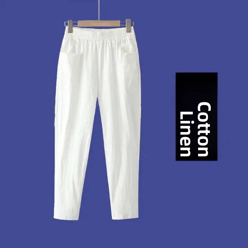 

Summer New Loose Women's Cotton Linen Pants High Waist Harlan Trendy Casual Trousers Pure Linen plus Size Nine Points