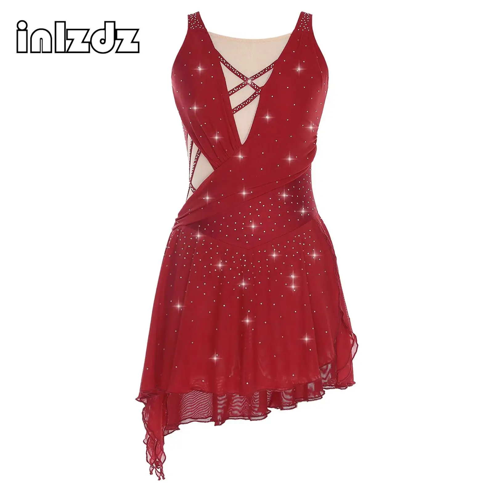 

Womens Figure Skating Dress Backless Side Slit Flowy Asymmetrical Hem Dance Dress for Ballet Lyrical Modern Dance Performance