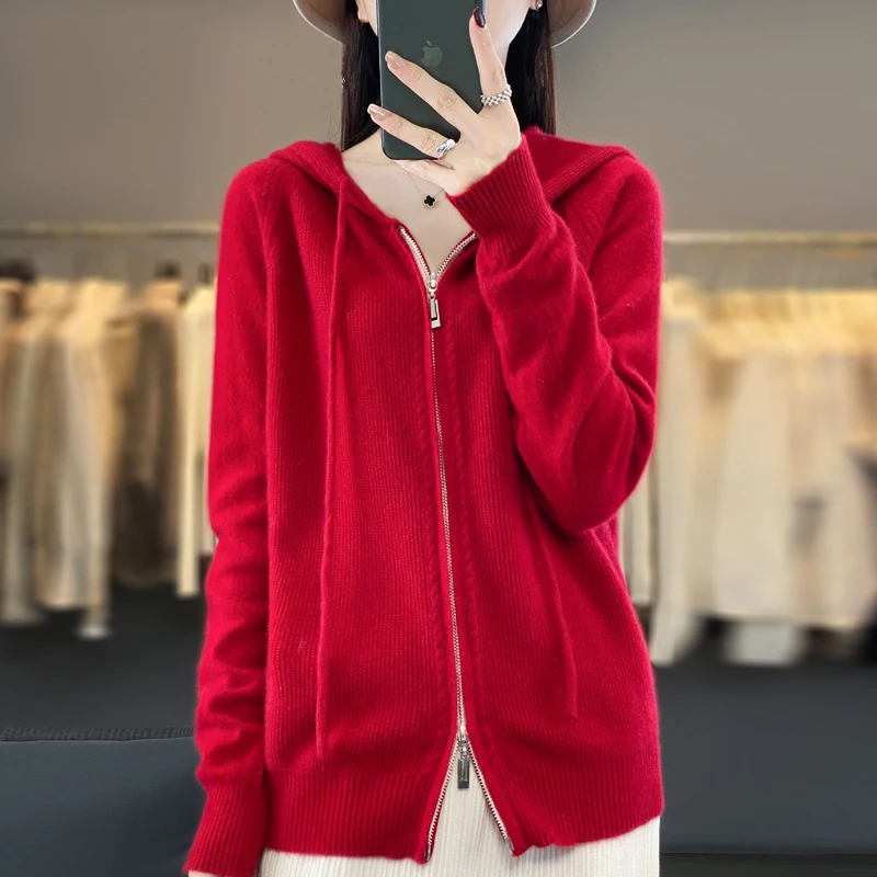 Women 100% Merino Wool Hoodie Cardigan Zipper Long Sleeve Casual Loose Cashmere Sweater Korean Fashion Knitted Coat Female Tops