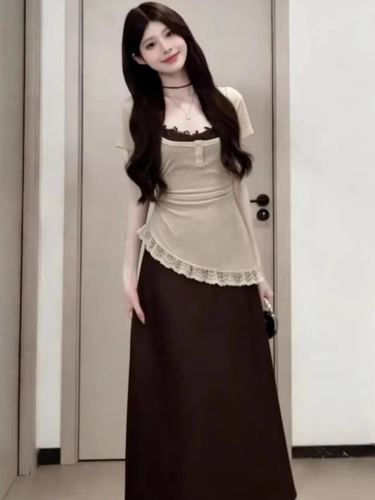 

Pure Desire Spicy Girl Lace Patchwork Strap Dress Short Sleeve Overlap Super Beautiful Atmosphere Combination a Whole Set Wom...