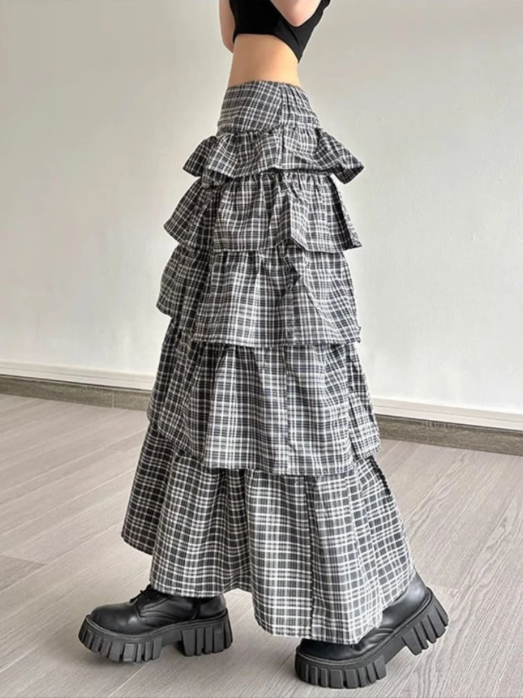 Deeptown Vintage Plaid Skirt Women Preppy Style Sweet Ruffle Cake Long Skirt Harajuku Fashion Patchwork Layered Skirts Street