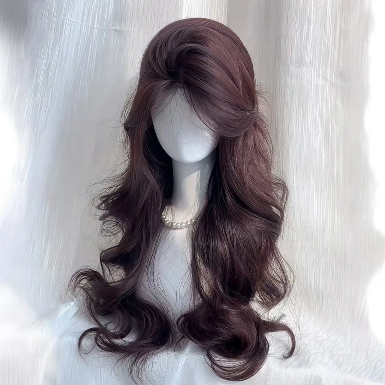Peluca negra Lolita para mujer, pelo largo ondulado, peluca rizada de 75cm con flequillo, diadema para Cosplay, pelucas sintéticas para uso diario