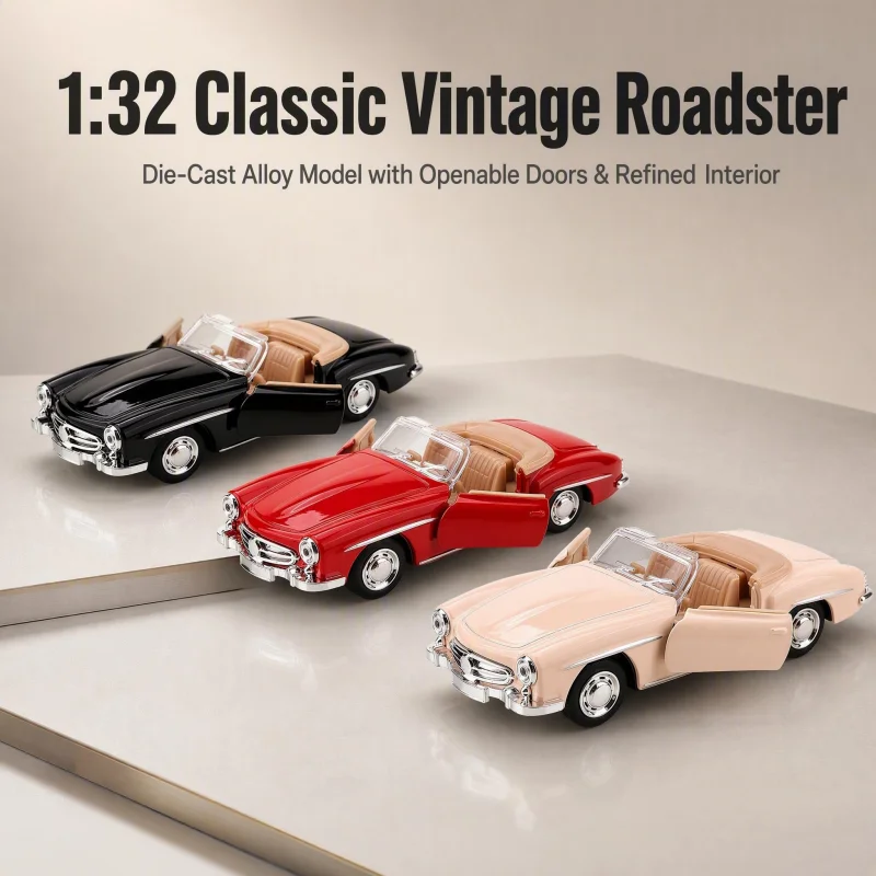 Modèle de voiture en alliage, réplique d’une voiture de sport classique à toit ouvrant, échelle 1/32, voiture de sport rétro et nostalgique, véhicule jouet en alliage avec portes ouvrantes, objet de collection.