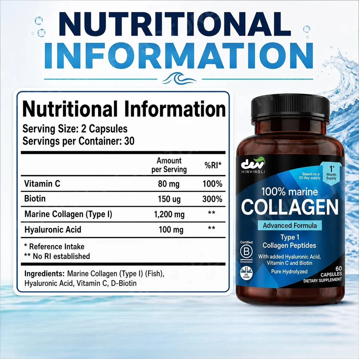 Marine Collagen Capsules for Women & Men, Type I Peptides with Hyaluronic Acid, Vitamin C & Biotin, Beauty Glow Nails, 60 Count