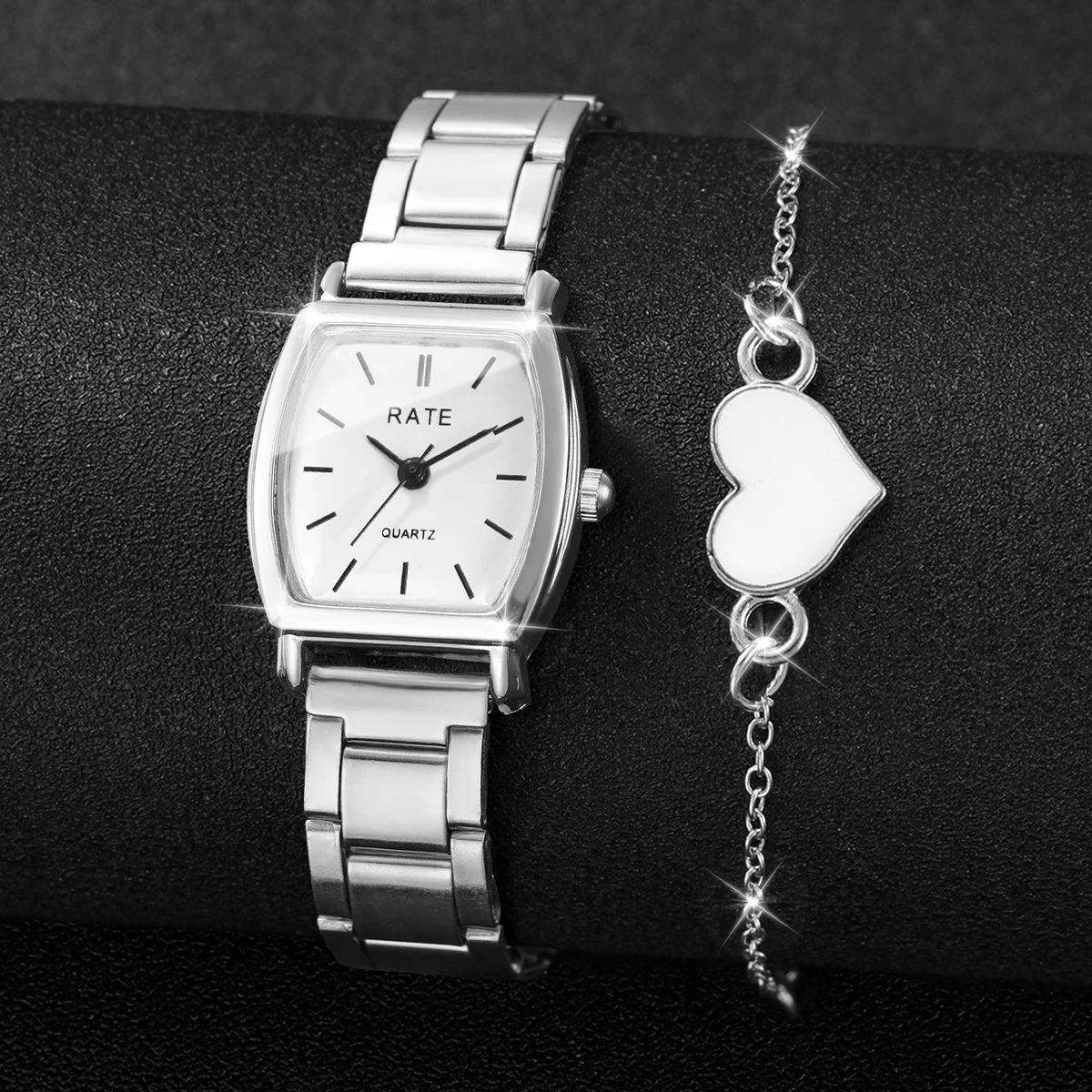 2PCS Fashion Small Dial Women Watches Heart Bracelet Set Ladies Quartz Wristwatch Reloj Mujer Girls Clock Gift (Without Box)