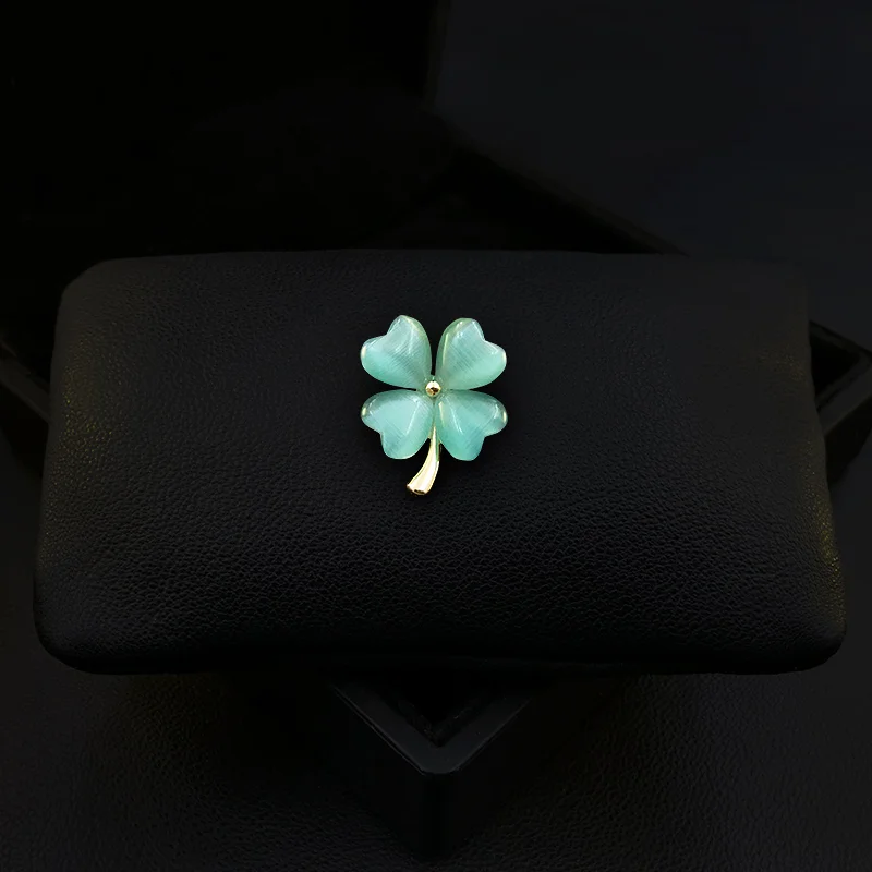 1796 Exquisite Blue Green Clover Brooch Fixed Clothes Leaf Collar Pin All-Match Women's  Anti-Exposure Caridgan Buckle Jewelry