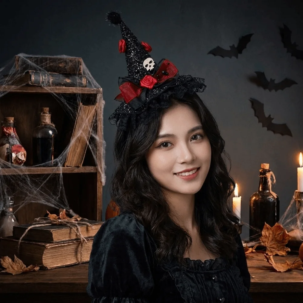 Lace Halloween Witch Hat Hair Hoop Flower Cartoon Halloween Party Hair Band Bow Party Decor Hat Halloween Headband