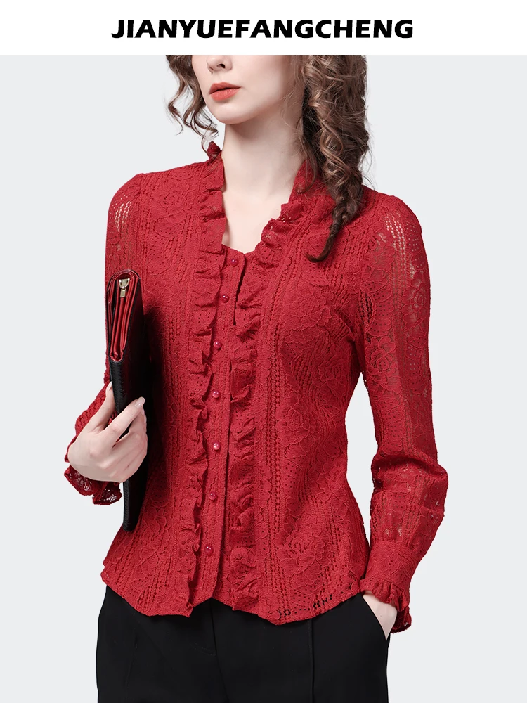 Fashion Square Neck Ruffles Red Lace Shirt Women\' 2024 Spring Summer Tops Elegant Hollow Out Chic Office Ladies Blouses