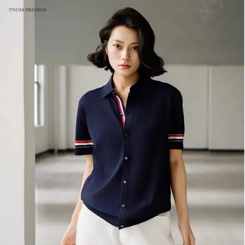 

2025 Summer New Contrast Striped Patchwork Short Sleeve T-shirt Women's Clothing Fashion Single Breasted Thin Knitted Tops