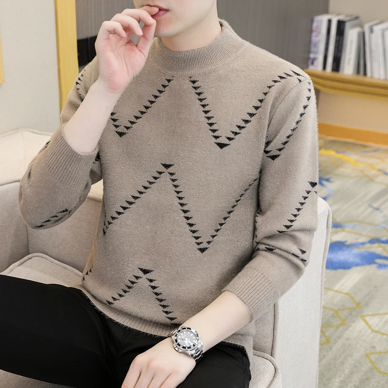 GIOIO men's sweater, half-high collar geometric pattern sweater, autumn and winter casual bottoming sweater