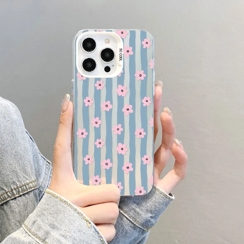 

New Vertical Stripe Small Flowers Laser Phone Case For iPhone 16 15 14 Pro Max Plus 17 Pro Max 11 12 13 Mini Pro Max Cover Funda